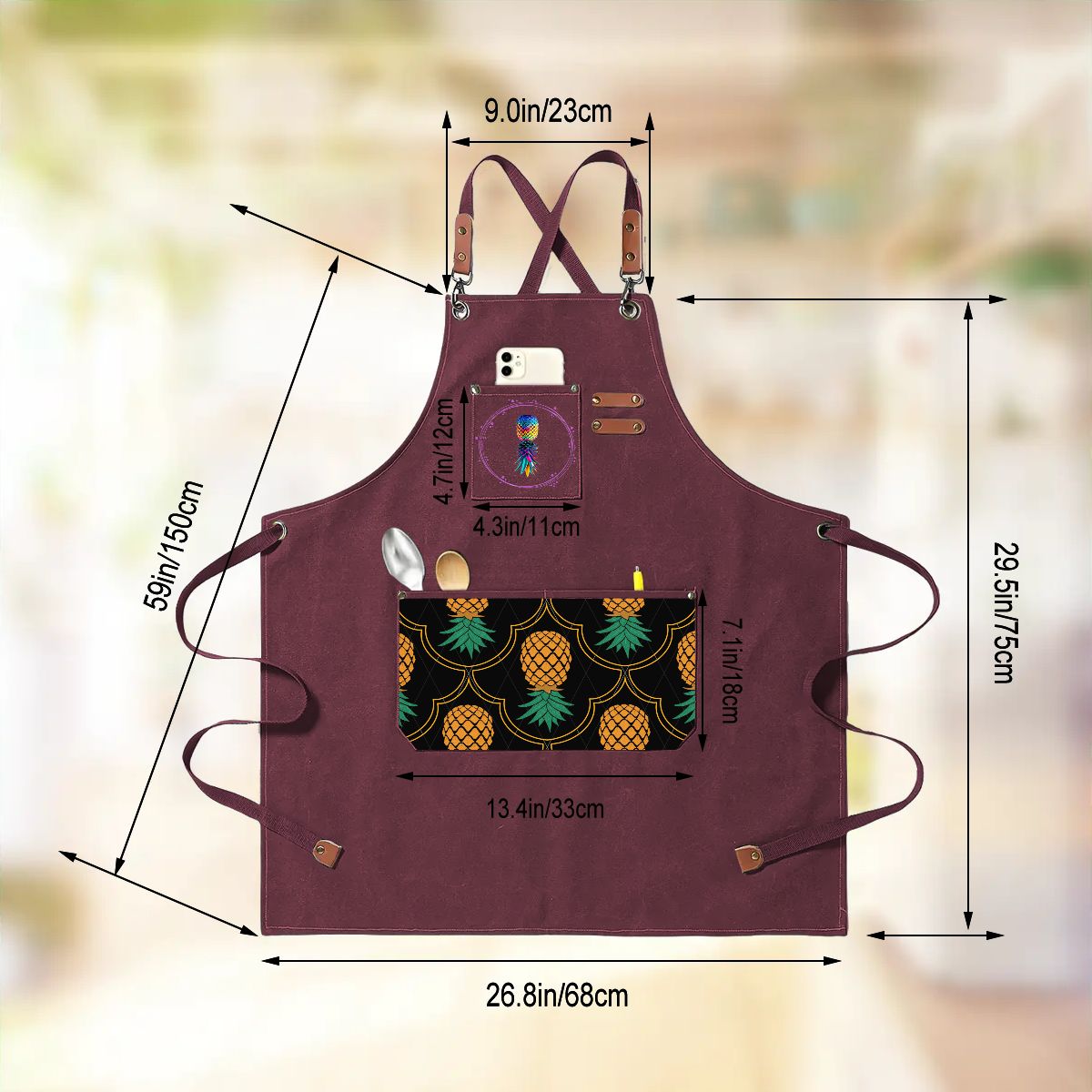 Upside Down Pineapple Unisex Canvas Cross Back Apron with Pockets