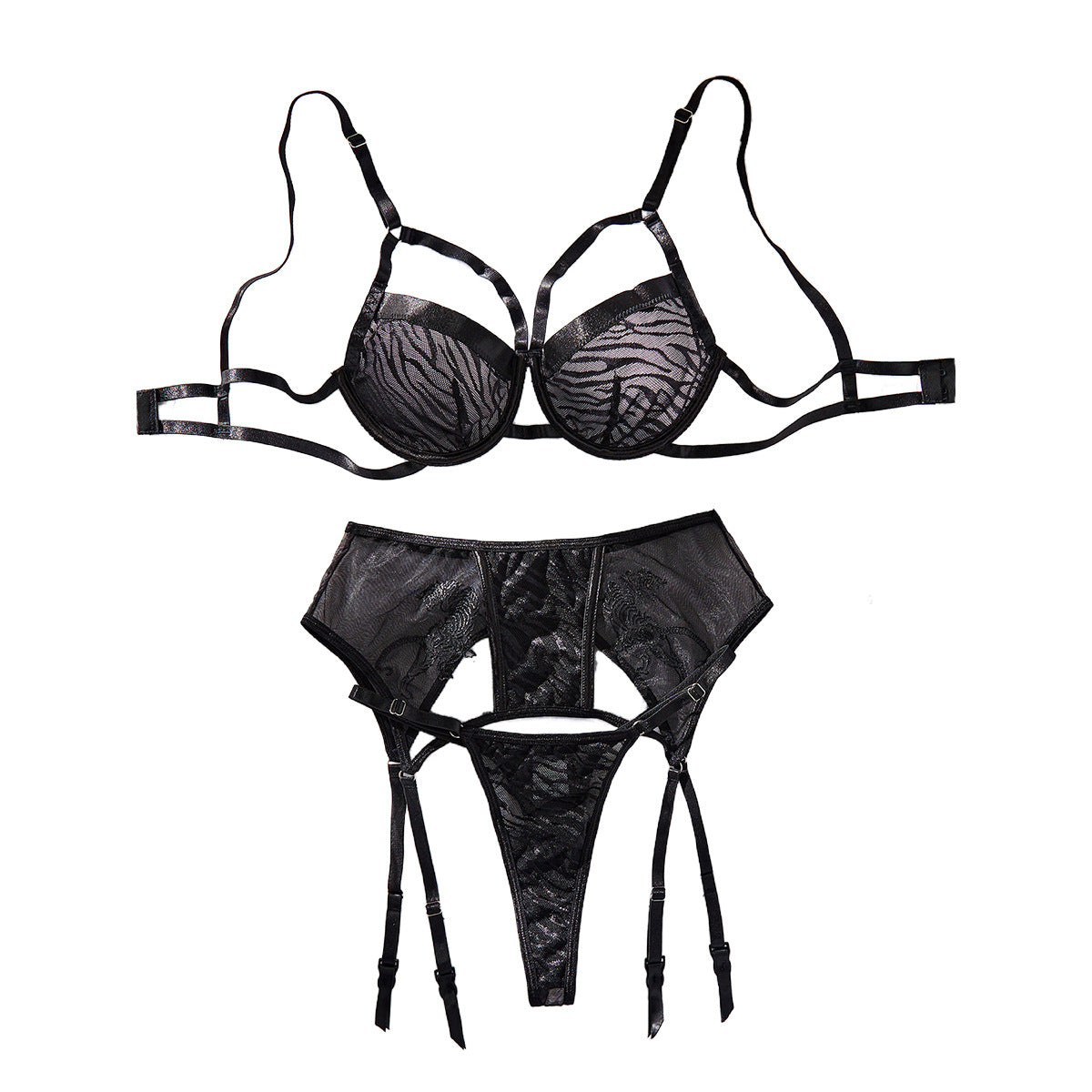 Zebra Pattern Splicing Embroidered Mesh Sexy Hollow Three Piece Set