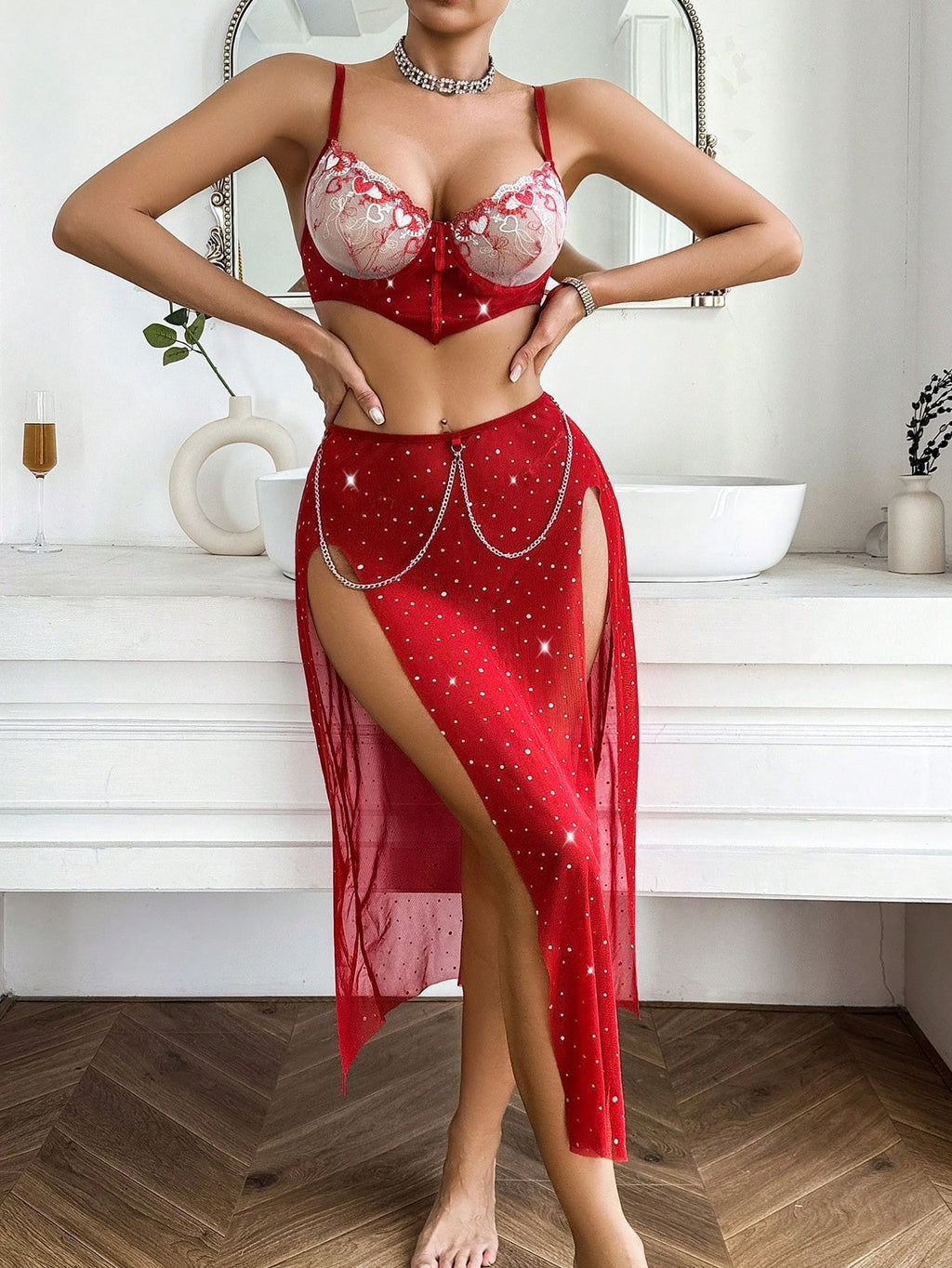 Embroidered Bra Split Red Three Piece Set Sexy Underwear for Women