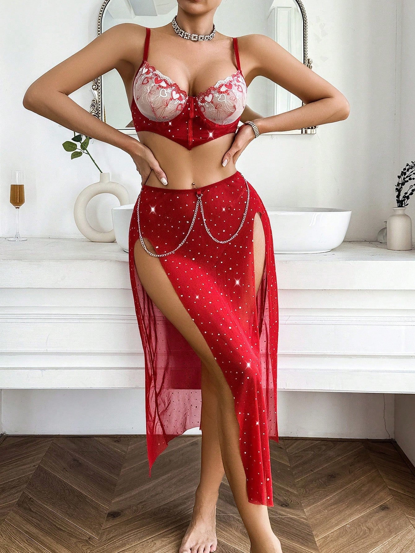 Embroidered Bra Split Red Three Piece Set Sexy Underwear for Women
