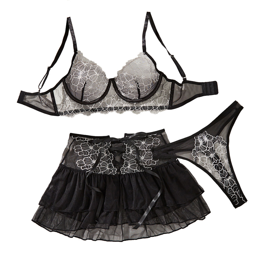 Flower embroidery splicing perspective mesh sexy strap short skirt three piece set