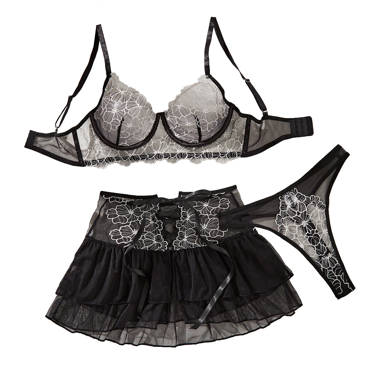Flower embroidery splicing perspective mesh sexy strap short skirt three piece set