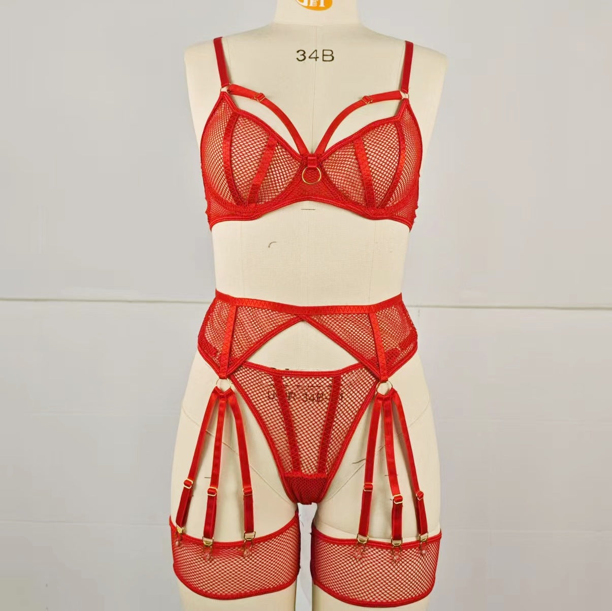 Fishing net hollowed out with steel ring bra see through sexy lingerie set