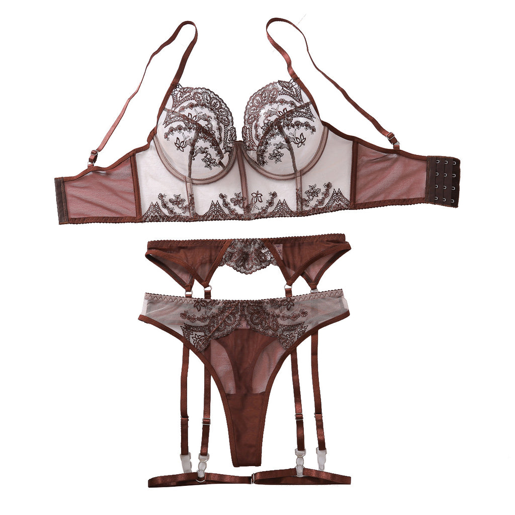 Color blocking French thin bra set embroidered mesh splicing sexy lingerie