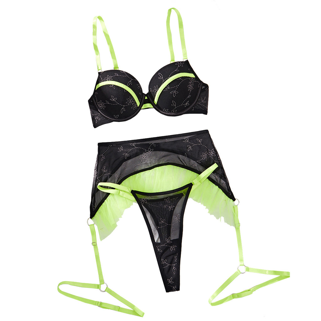Color blocking perspective mesh sexy lingerie garter belt three piece set