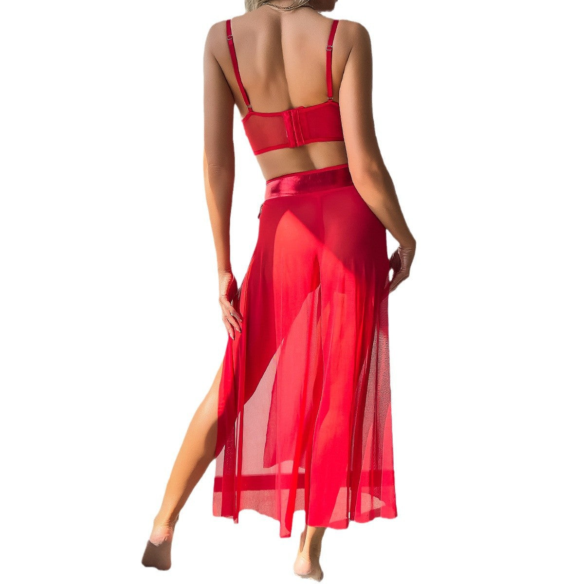 European and American Style Costume Dressing Party Red High-Waisted Slit Sheer Skirt Three-Piece Set Women's Lingerie