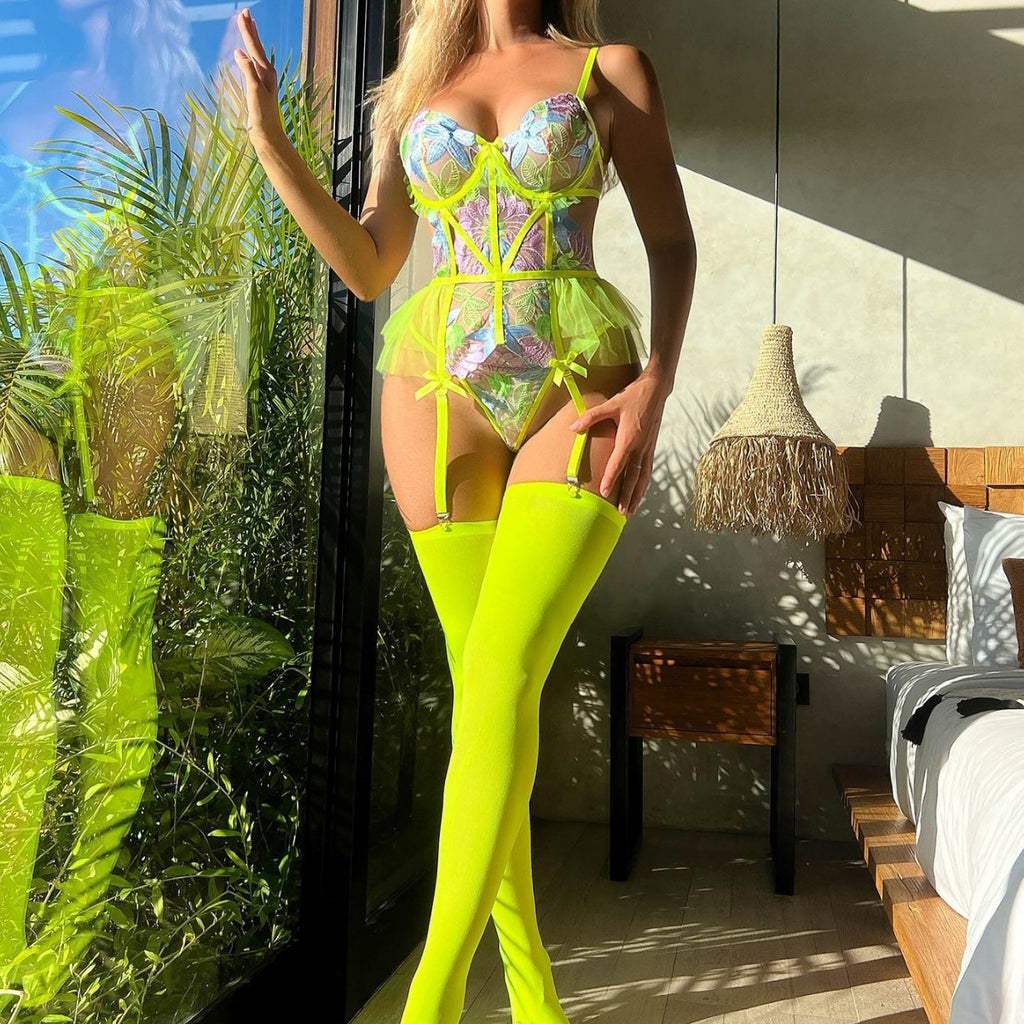 Body shaping flower embroidery backless perspective sexy lingerie jumpsuit with stockings