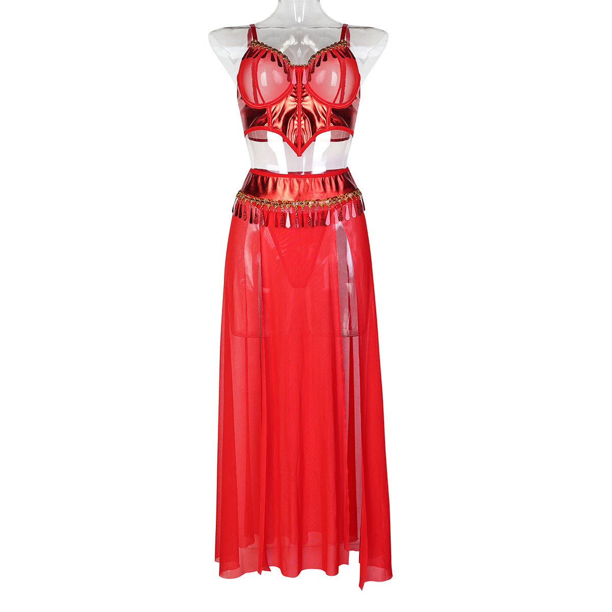 European and American Style Costume Dressing Party Red High-Waisted Slit Sheer Skirt Three-Piece Set Women's Lingerie