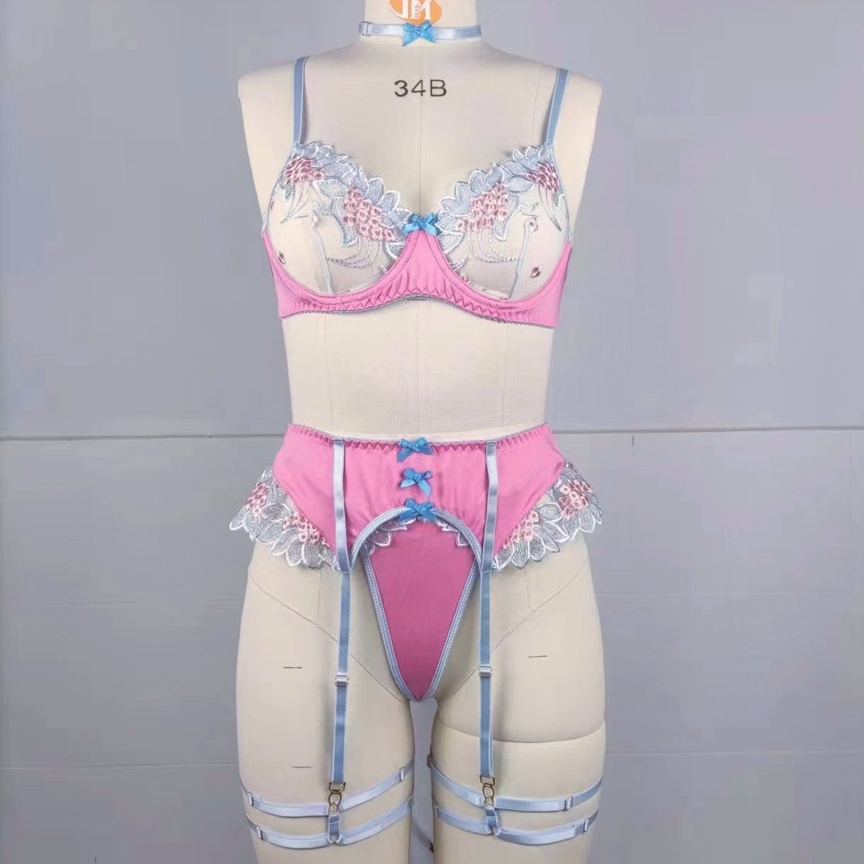 Embroidered flower with steel ring bra garter belt leg circumference thong lingerie four piece set