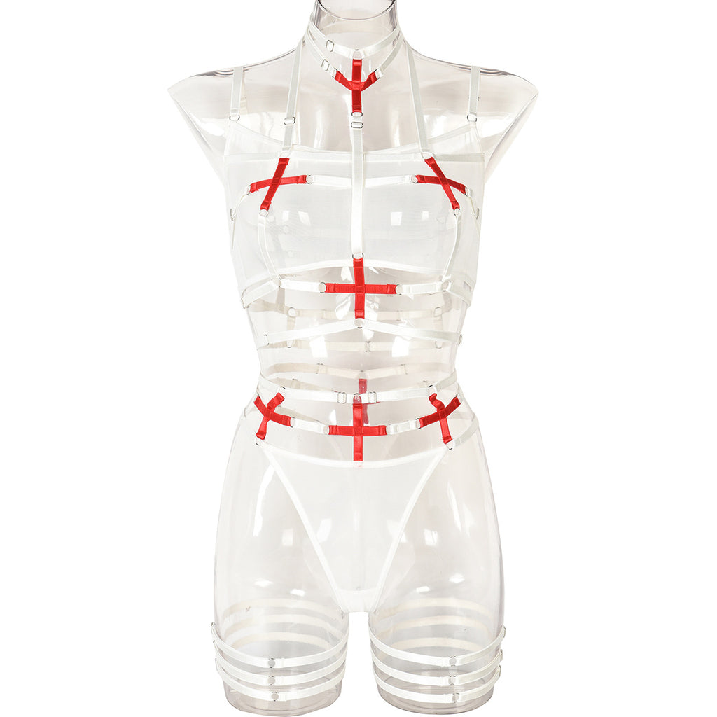 European and American Women's Complex Strap Crossed Halter Sexy Mesh Transparent Underwear Three-Piece Set