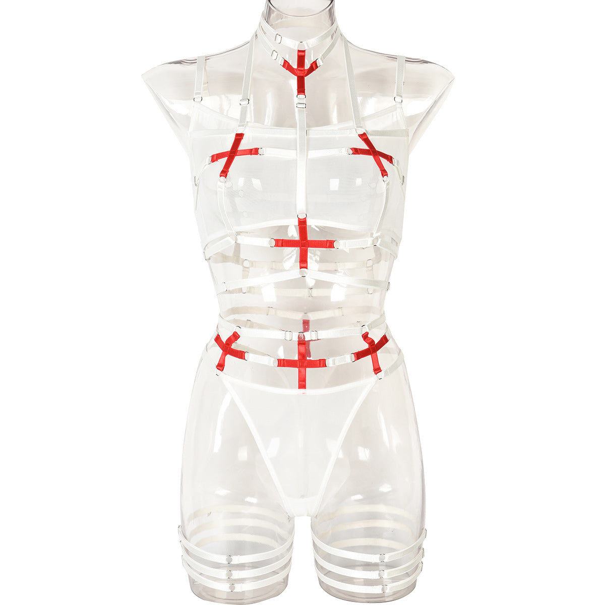 European and American Women's Complex Strap Crossed Halter Sexy Mesh Transparent Underwear Three-Piece Set