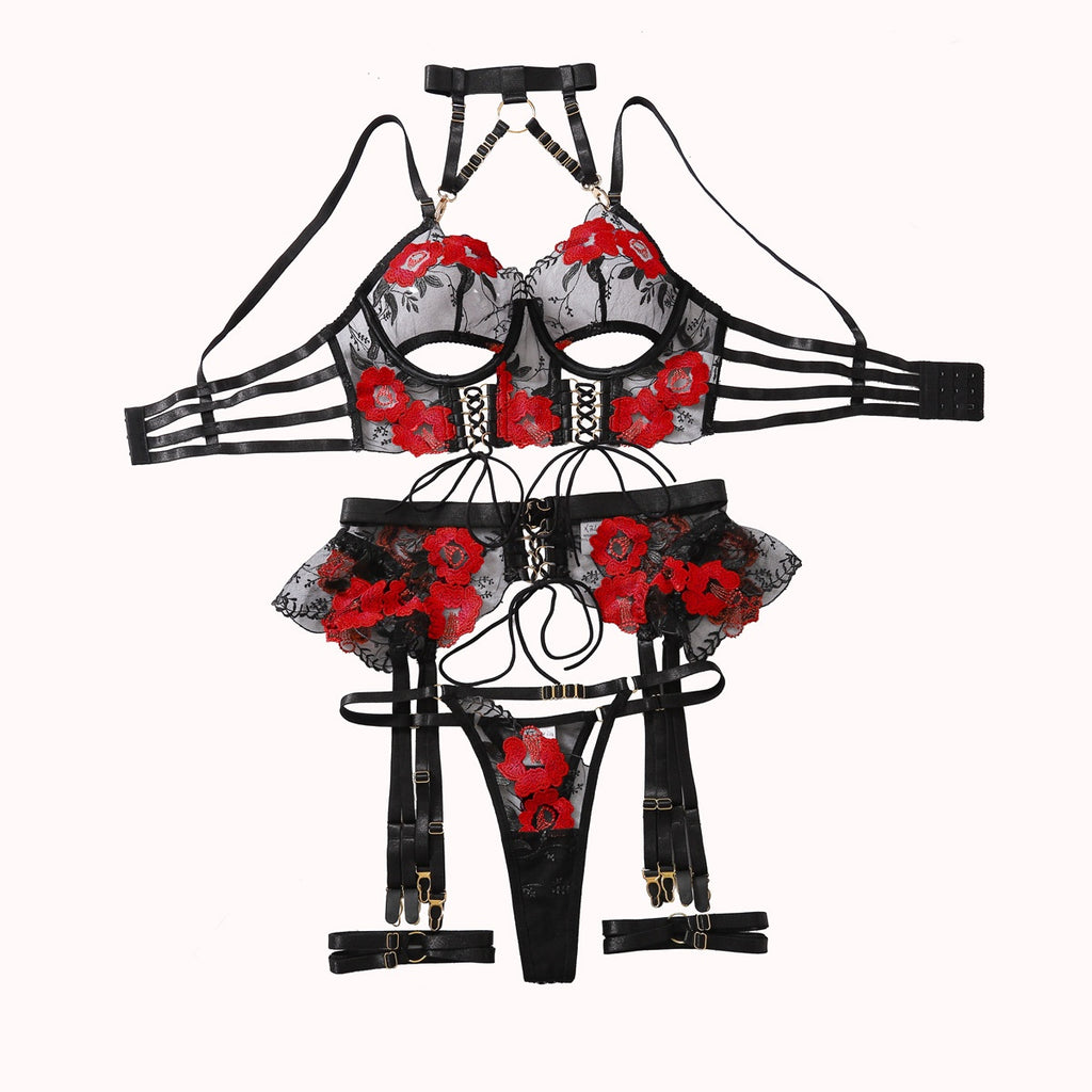 Flower embroidery hanging neck metal buckle strap waist seal irregular underwear women's set