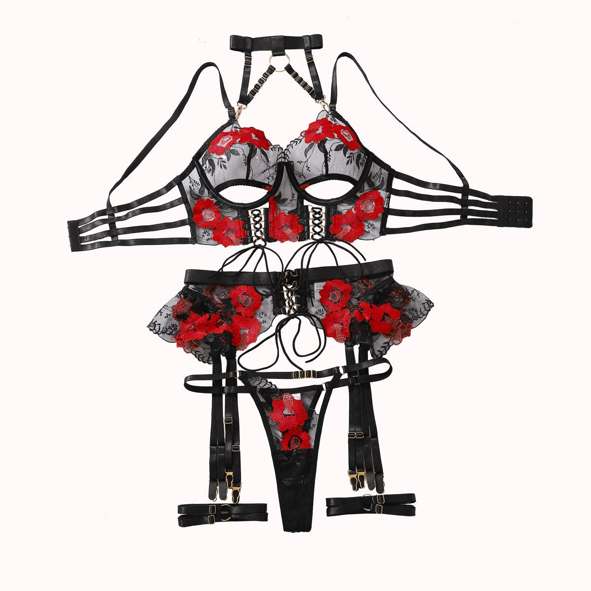 Flower embroidery hanging neck metal buckle strap waist seal irregular underwear women's set