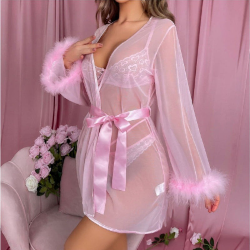 Elegant Lace Transparent Uniform Jacket Bra Erotic Lingerie Three-Piece Set Robe