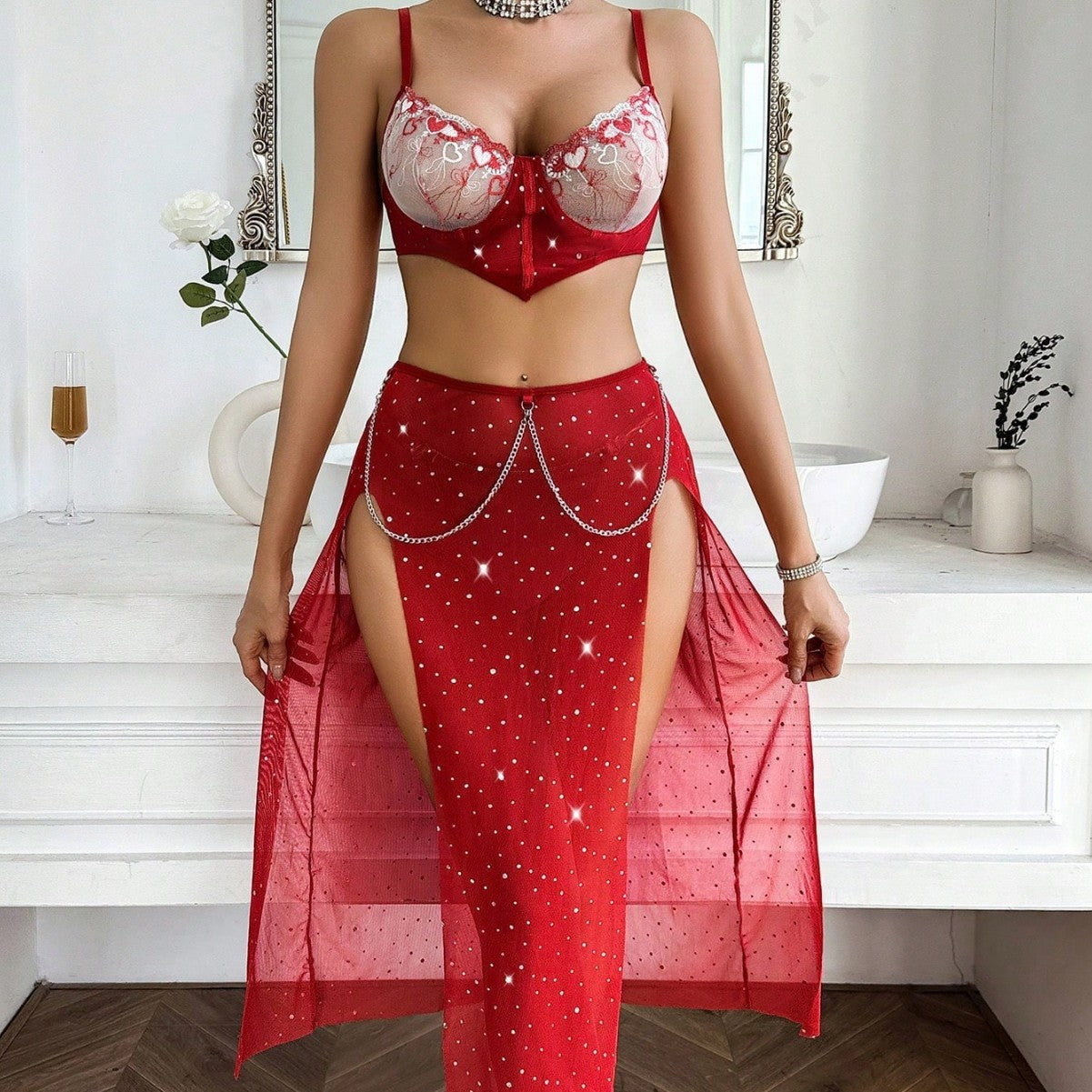 Embroidered Bra Split Red Three Piece Set Sexy Underwear for Women