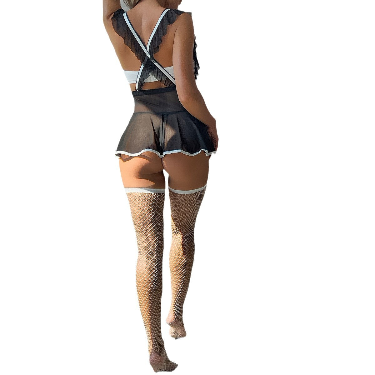 European and American Style Sheer Netting Cute Maid Bondage Crossed Wrap Top Erotic Lingerie Four-Piece Set