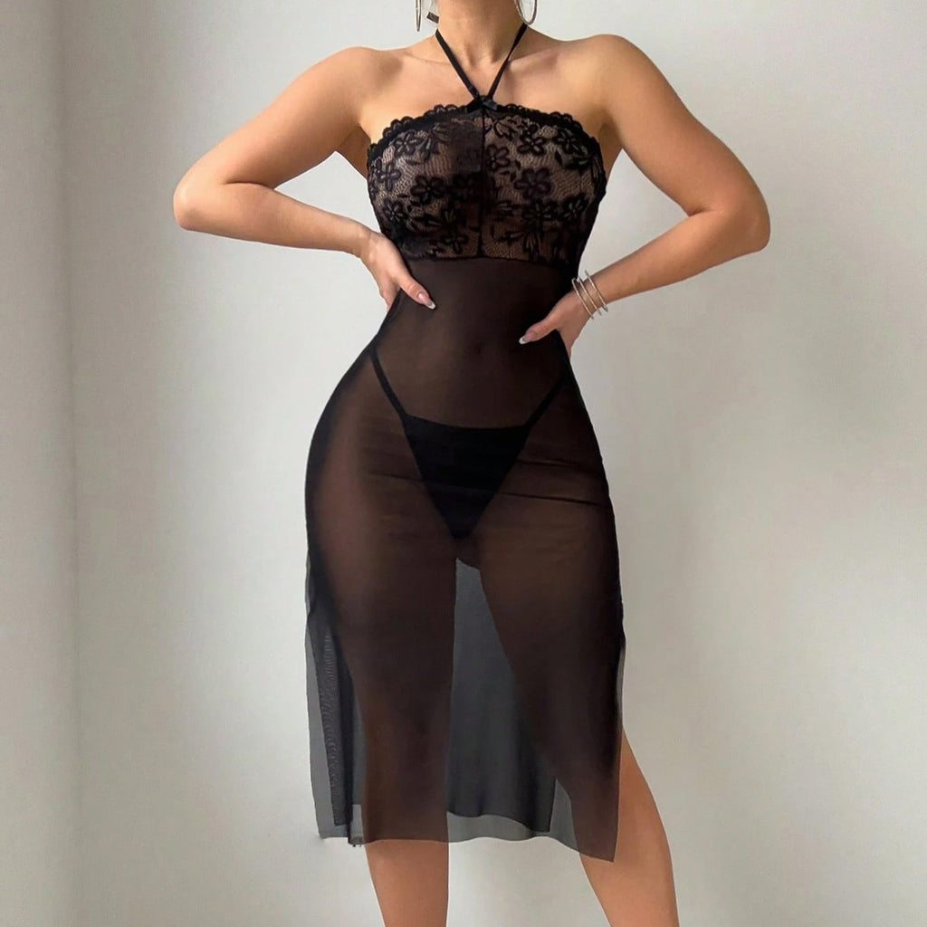 Cross-border Sexy Ultra-thin Transparent Nightgown Women's Lace Temptation Halter Neck Lingerie Dress