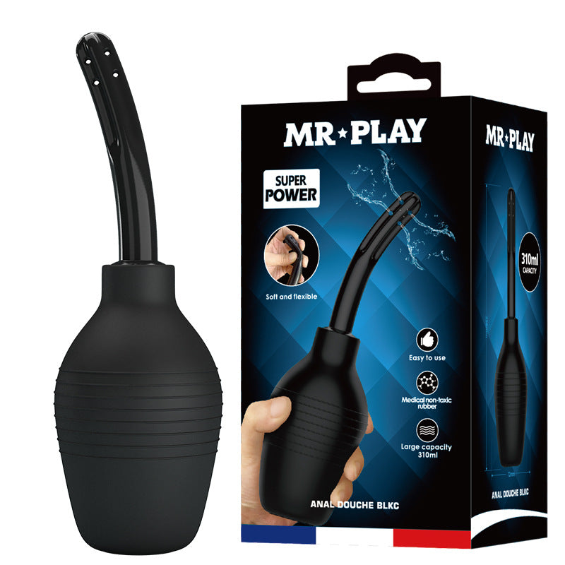 Mr. Play Anal Douche in black. Picture dipicts the anal douch out of the origianl box. It is black and it stands right next to the box.