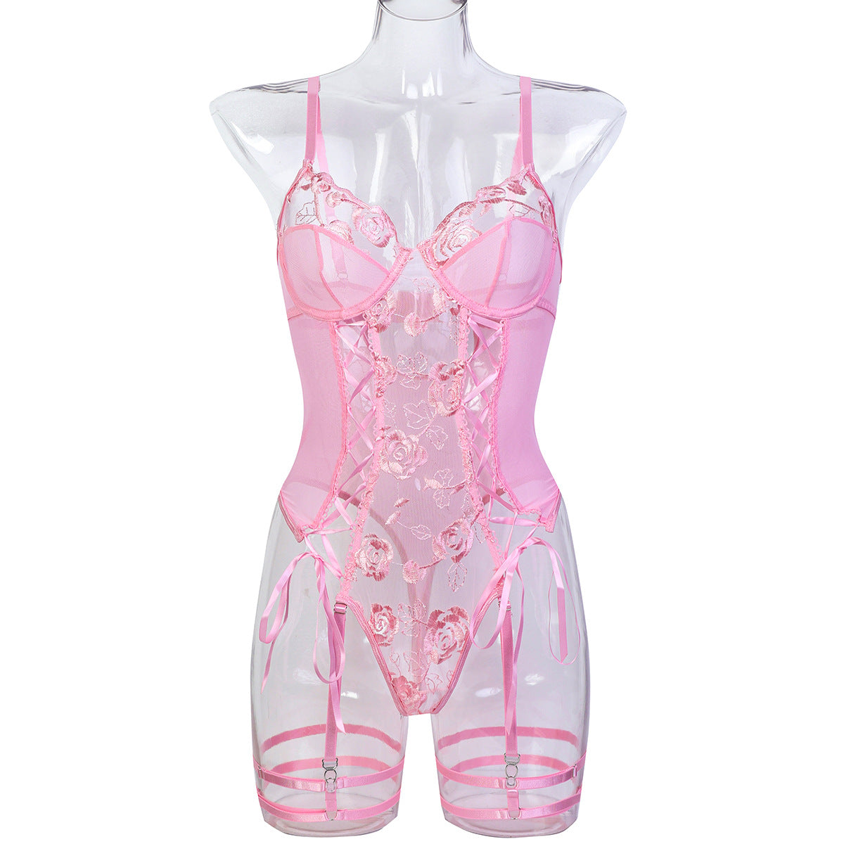 Christmas Valentine's Day Red New Year Sexy Lingerie Rose Flower Embroidery Strap Cross Bodysuit