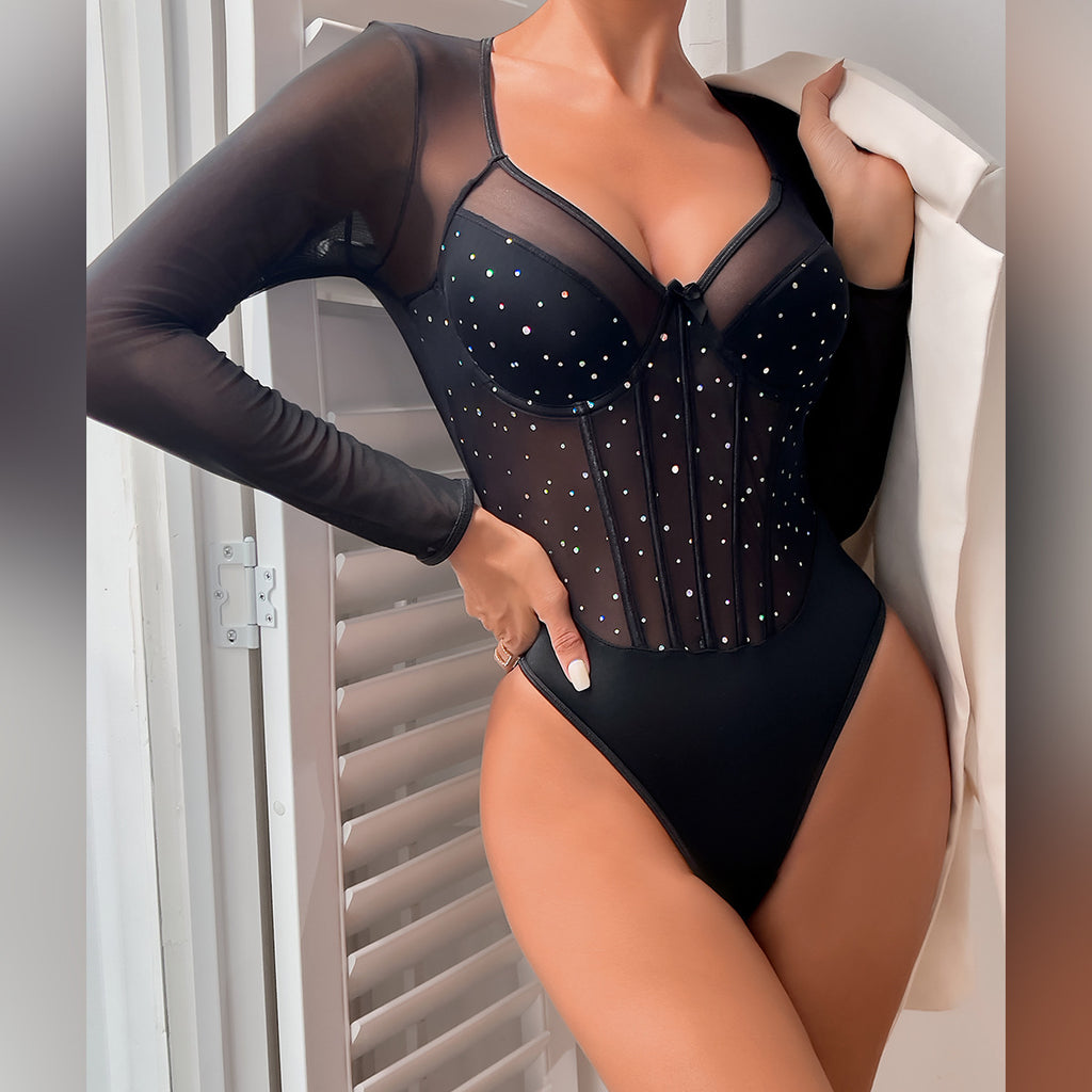 Black Classic Women's Dotted Glitter Long Sleeve Jumpsuit European and American Style