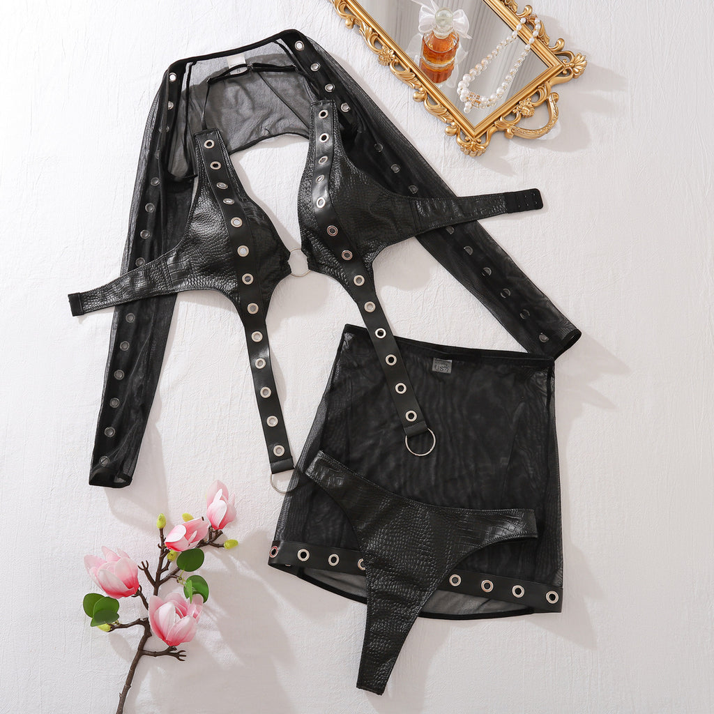 Fashion Splicing Metal Sexy Underwear Bag Hip Skirt Four Piece Set