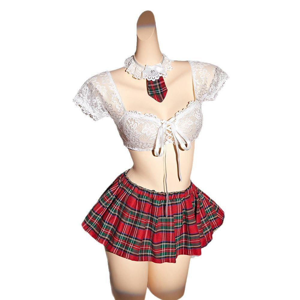 Cross-border Foreign Trade Sexy Lingerie Set Lace Bra Plaid Mini Skirt Thong Bow Tie Four-piece Set