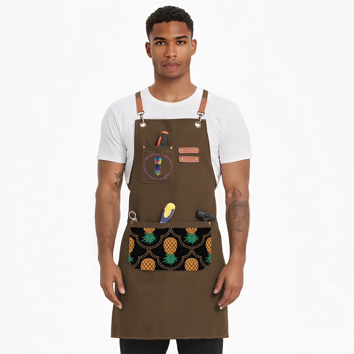 Upside Down Pineapple Unisex Canvas Cross Back Apron with Pockets