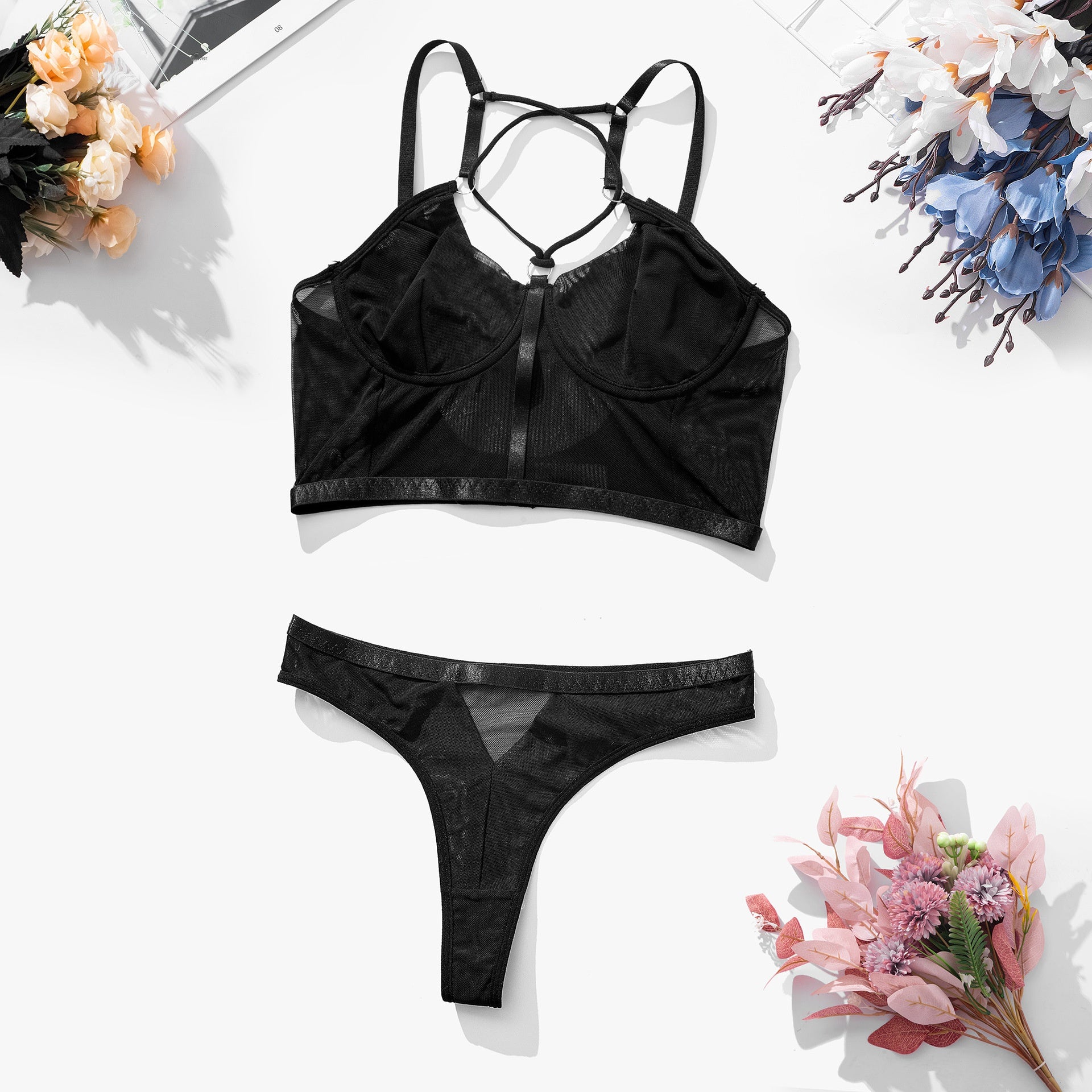 Black mesh see through bra lingerie women's sexy set