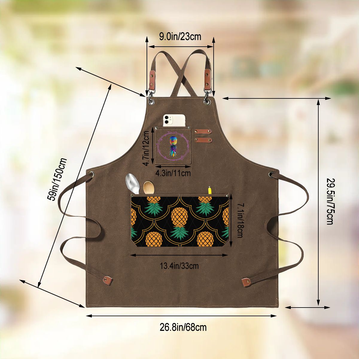 Upside Down Pineapple Unisex Canvas Cross Back Apron with Pockets