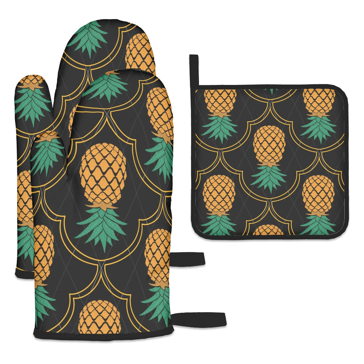 Upside Down Pineapple Inspired Oven Mitts and Pot Holders Sets (3pcs)