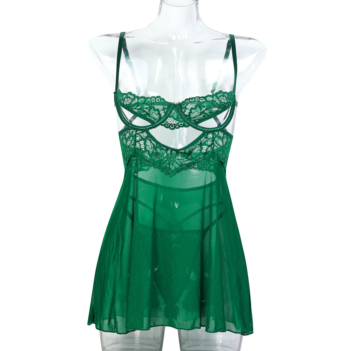 Erotyc European and American Style Hollow-out Sling Nightgown Two-piece Set Thong Transparent Women's Underwear