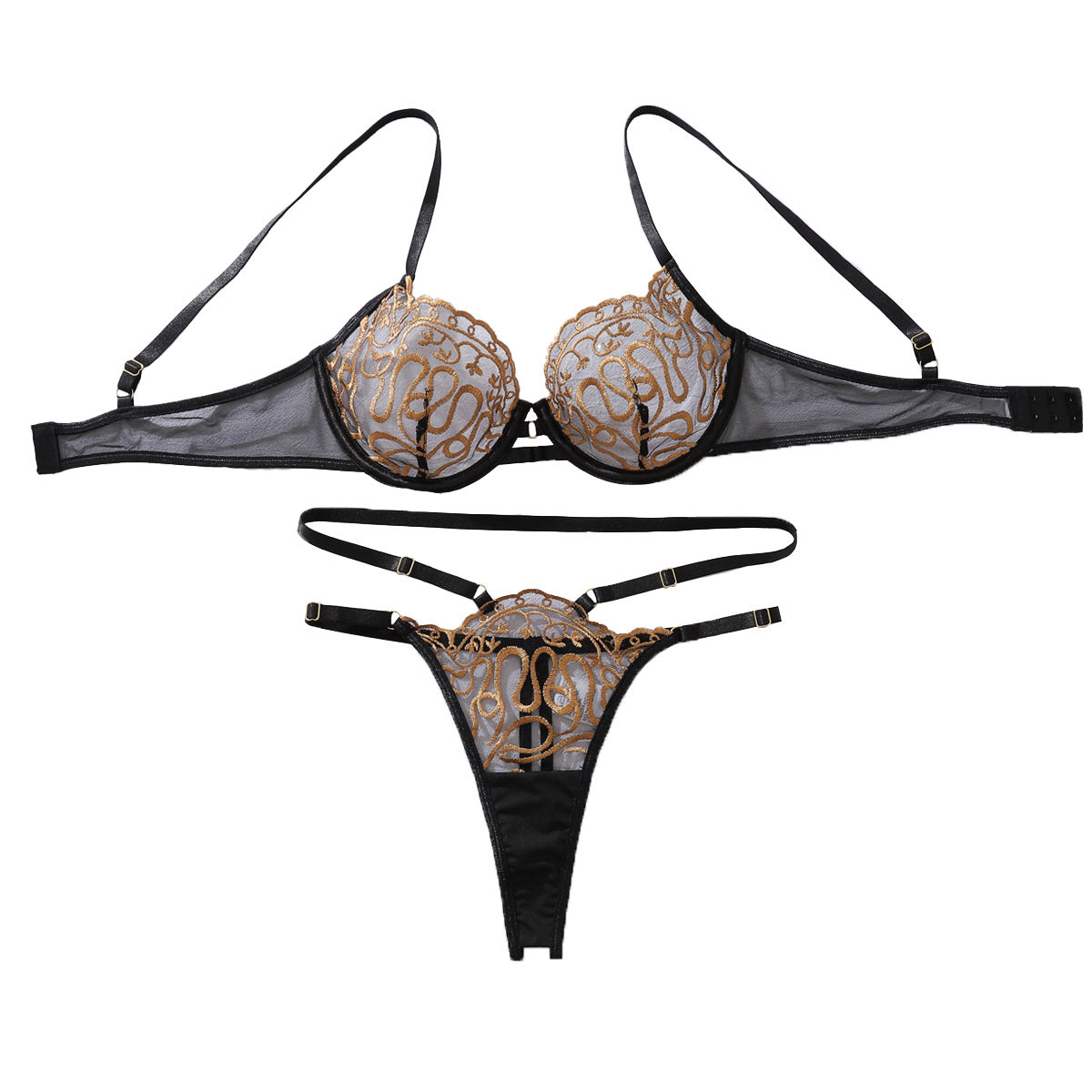Embroidered perspective gathering shaping thin and sexy lingerie thong set