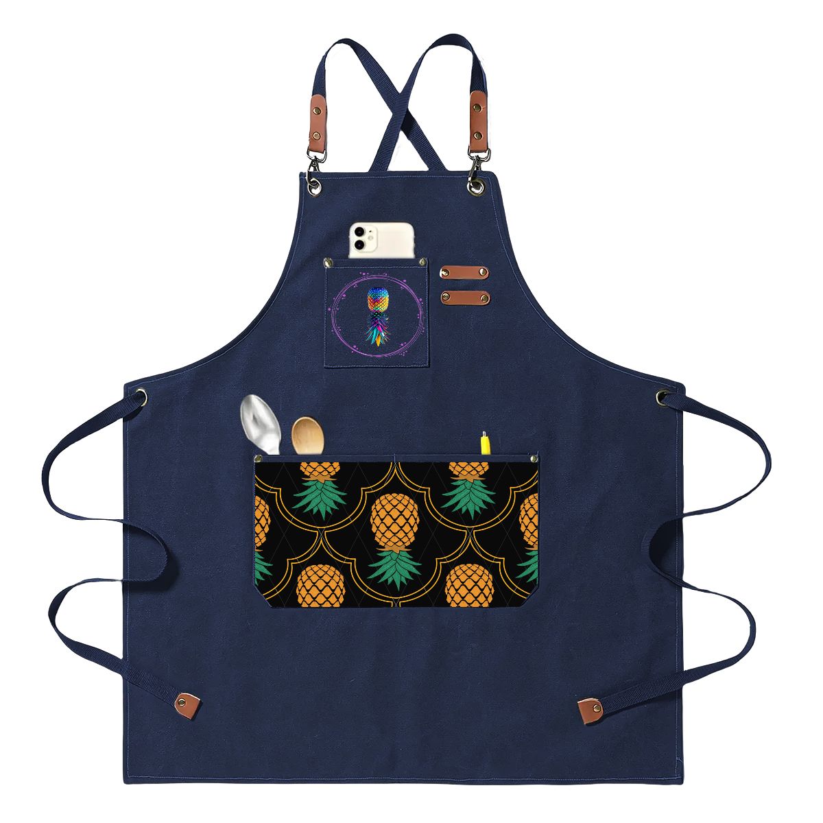 Upside Down Pineapple Unisex Canvas Cross Back Apron with Pockets