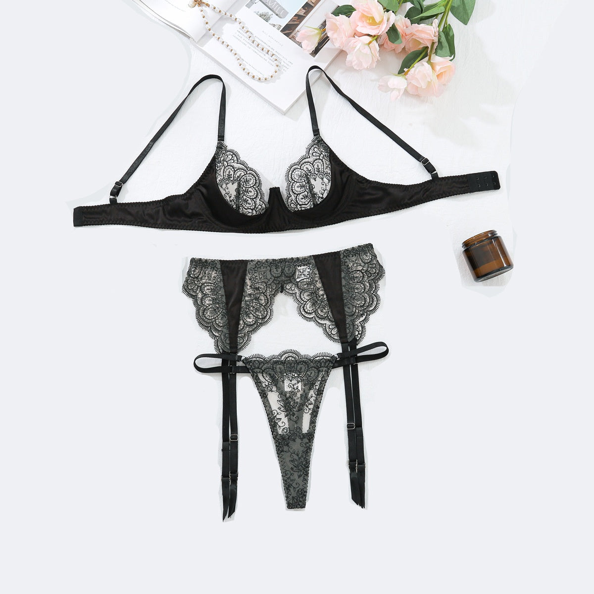 European and American Style Sexy Lingerie Set Transparent Lace Embroidery Eyelash Edge Teasing Bra