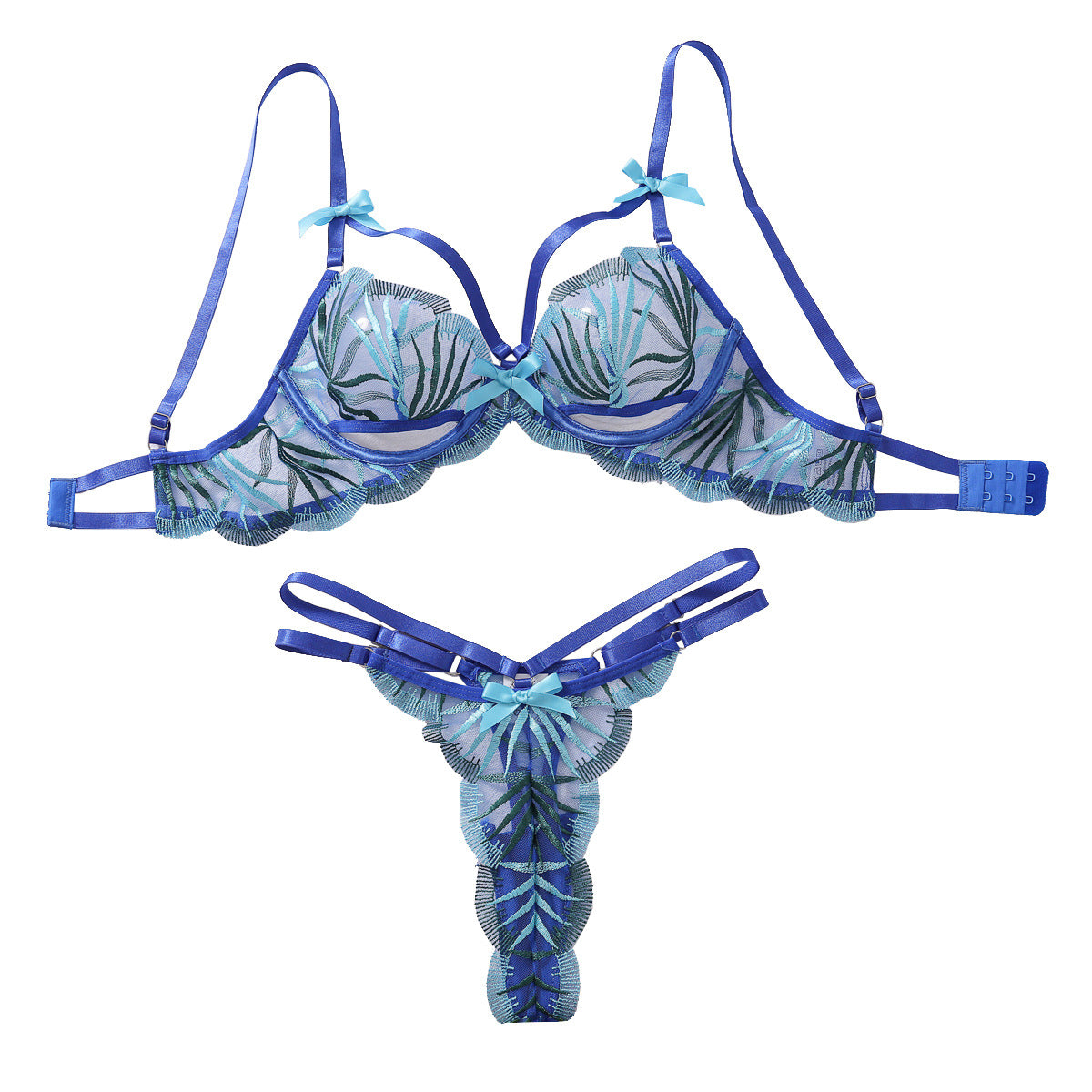 Blue bra set with steel ring gathering thin and sexy lingerie two-piece set