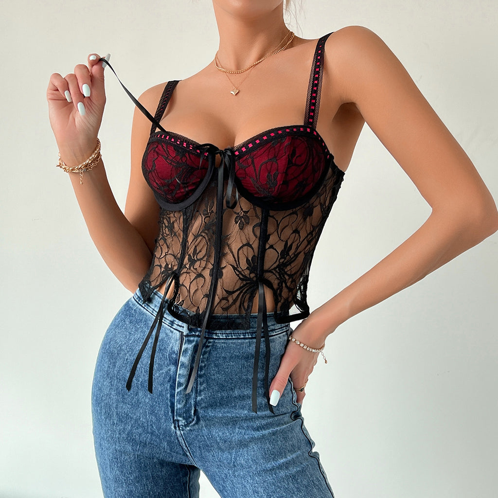 Cross-border  Spicy Girl Sexy Wine Red Lace Splicing Belted Steel Ring Boned Small Strapless Top
