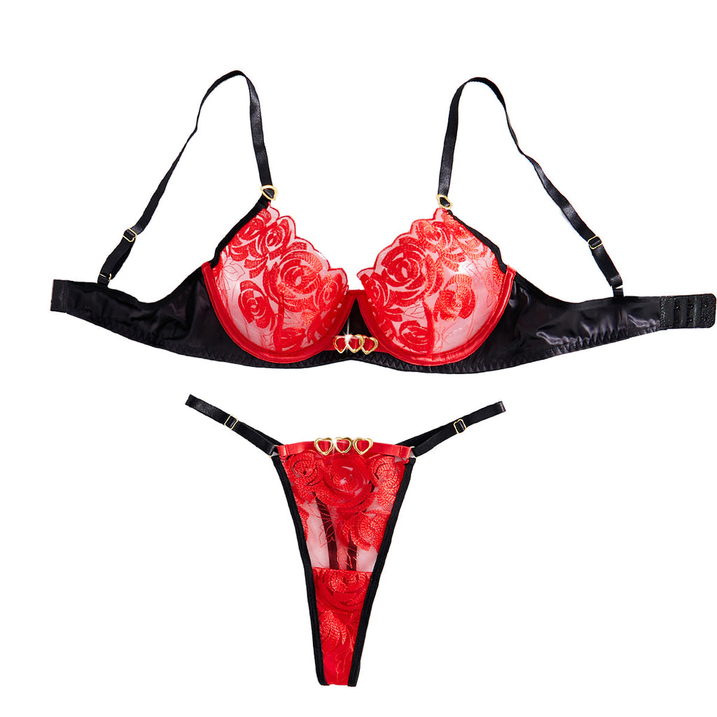 Embroidered Splicing Love Mesh Sexy Underwear Erotic Two Piece Set