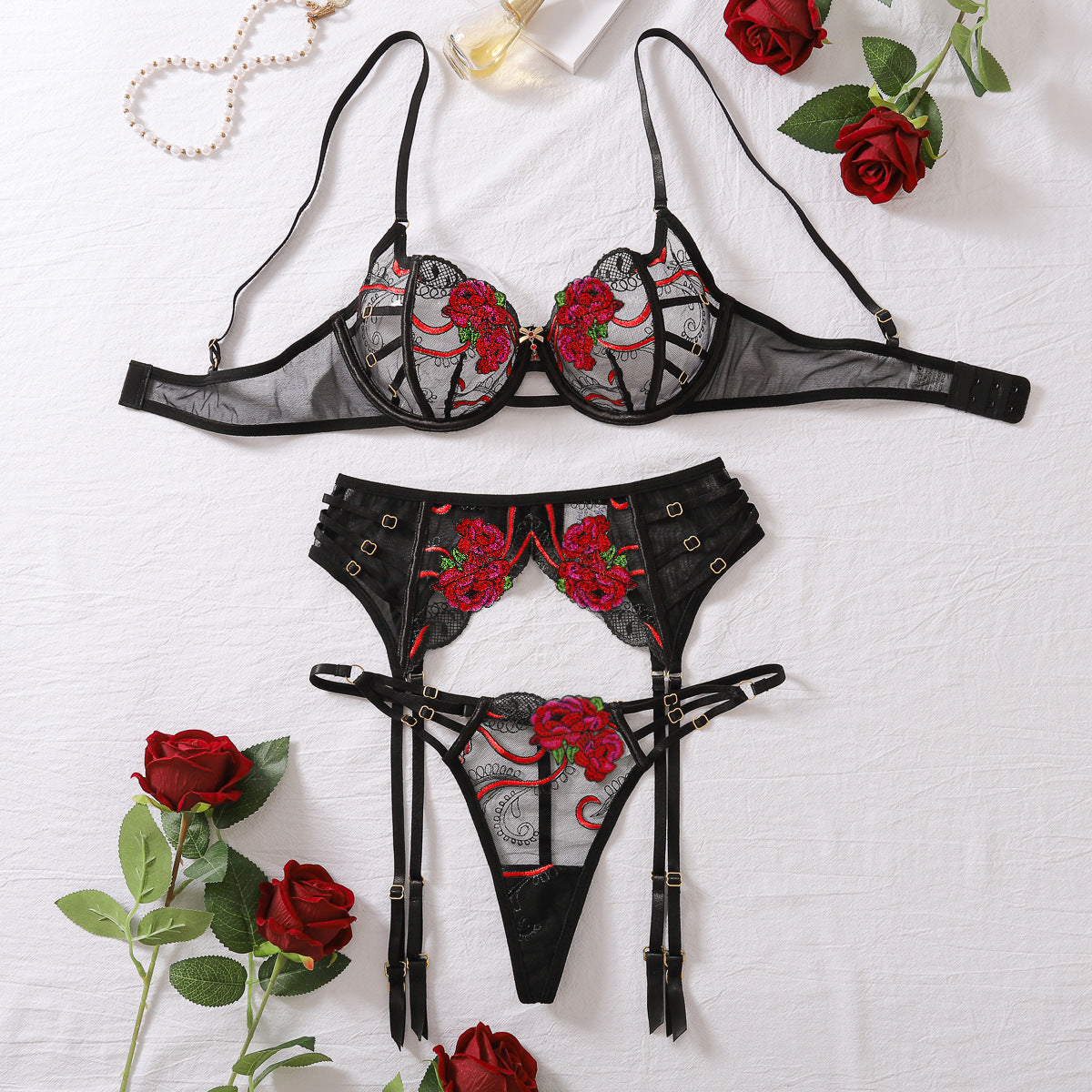 Floral embroidery backless sexy lingerie underwear three piece set with steel ring