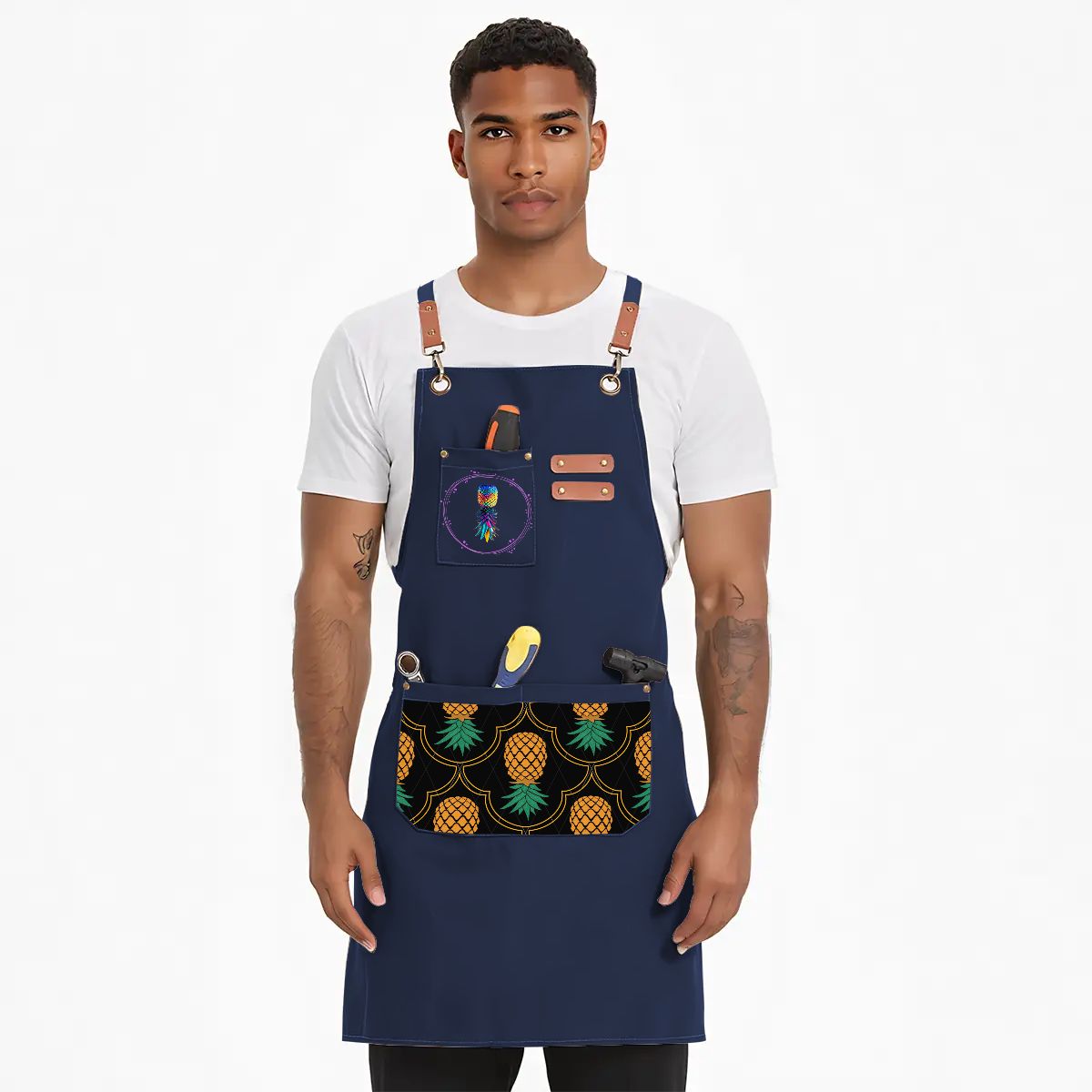 Upside Down Pineapple Unisex Canvas Cross Back Apron with Pockets