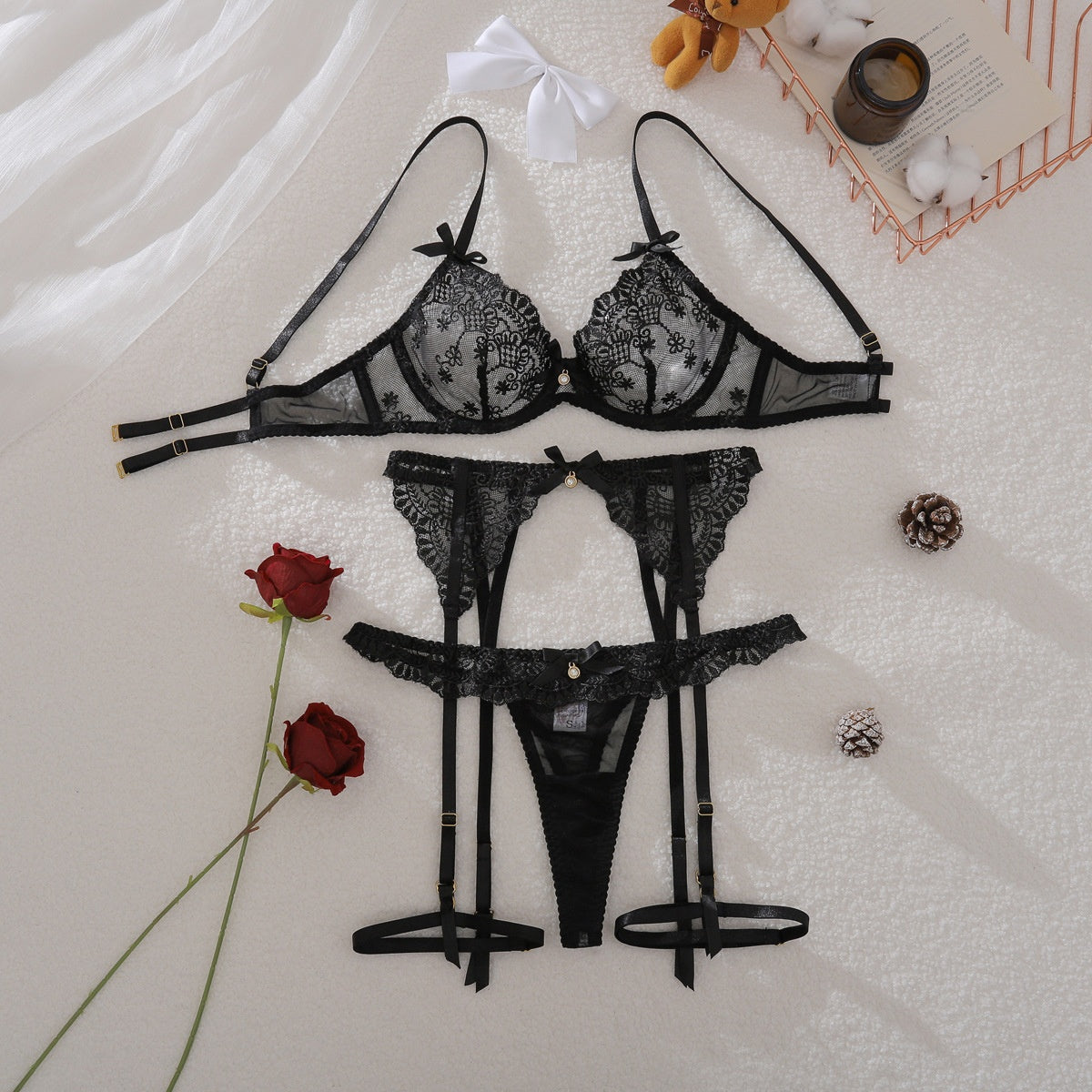 Black perspective embroidery sexy slim fit shaping lingerie split set