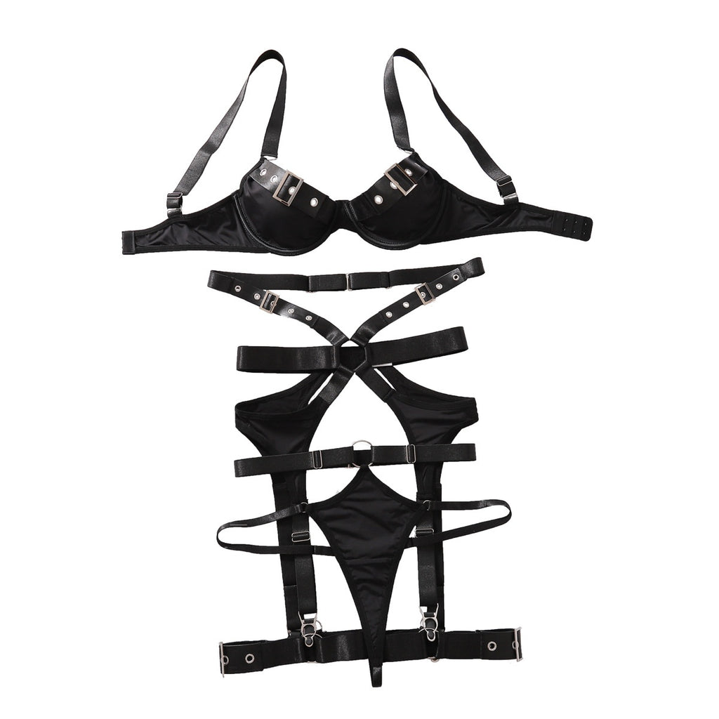 Cross uniform bundling set sexy gathering lingerie four piece set with steel ring