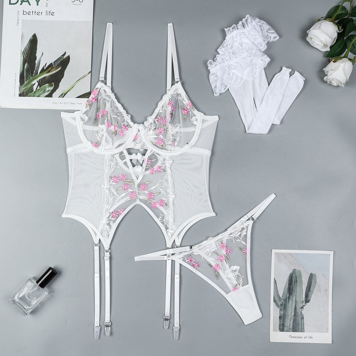Embroidered Flower Set Two-Piece Panties and Suspender Socks European and American Style Lingerie Hollow Out Three-Piece Set