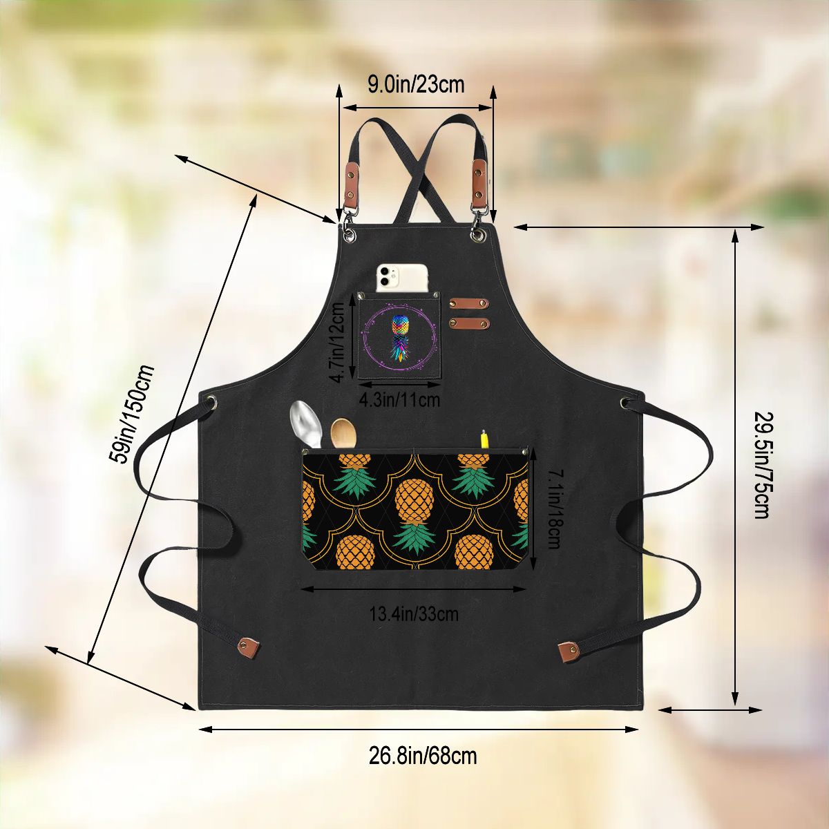 Upside Down Pineapple Unisex Canvas Cross Back Apron with Pockets