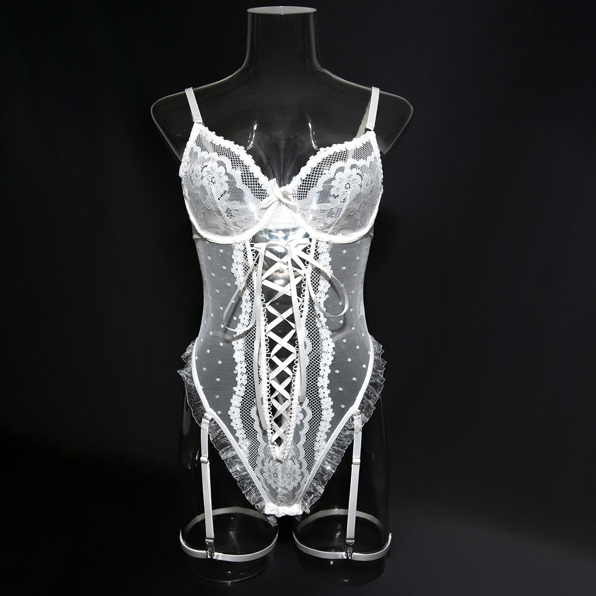 European Women's High-Quality Lace Hollow Cross-Tied Lace-Up Strapless Jumpsuit Sexy Underwear