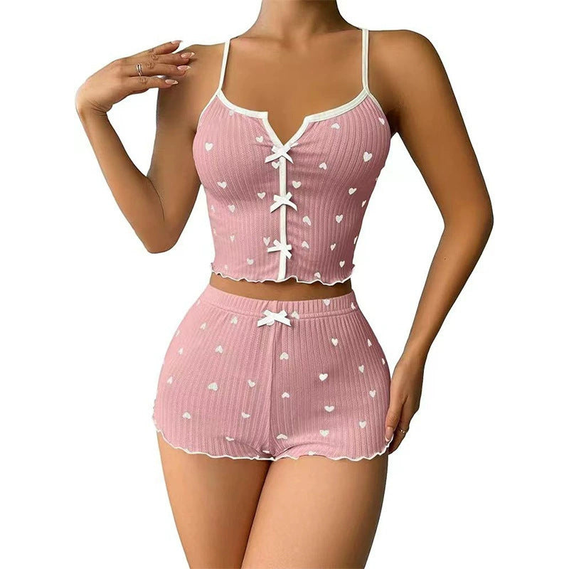Sexy Heart Print Color Block Sleepwear Set with Front Slit and Strap Design