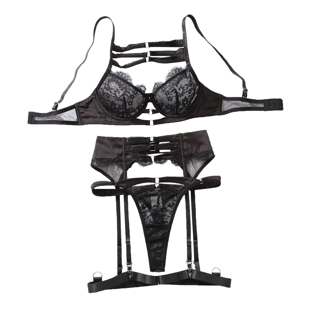 Black Lace Bra Set with Mesh Perspective Temptation Slimming Underwear Four Piece Set with Steel Rim