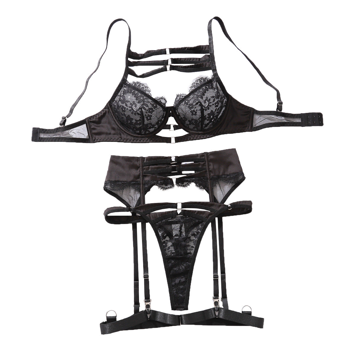 Black Lace Bra Set with Mesh Perspective Temptation Slimming Underwear Four Piece Set with Steel Rim