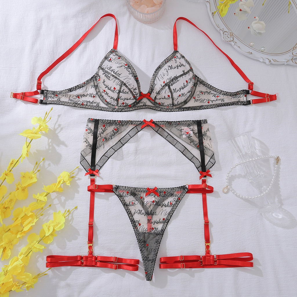 Bow decoration heart-shaped letter embroidery body shaping adjustment sexy lingerie split set
