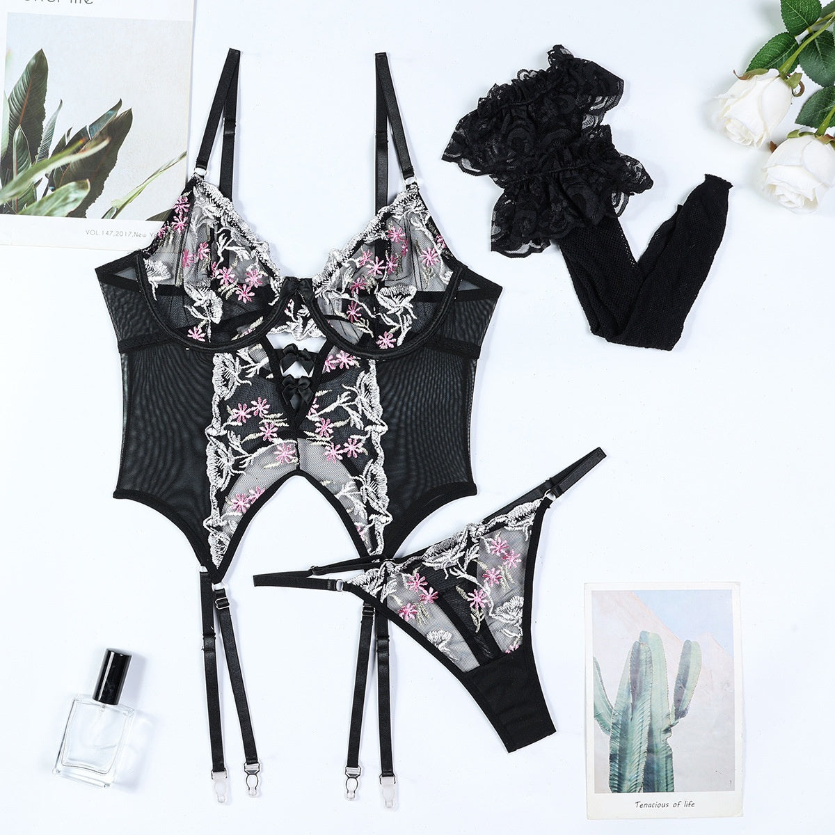 Embroidered Flower Set Two-Piece Panties and Suspender Socks European and American Style Lingerie Hollow Out Three-Piece Set