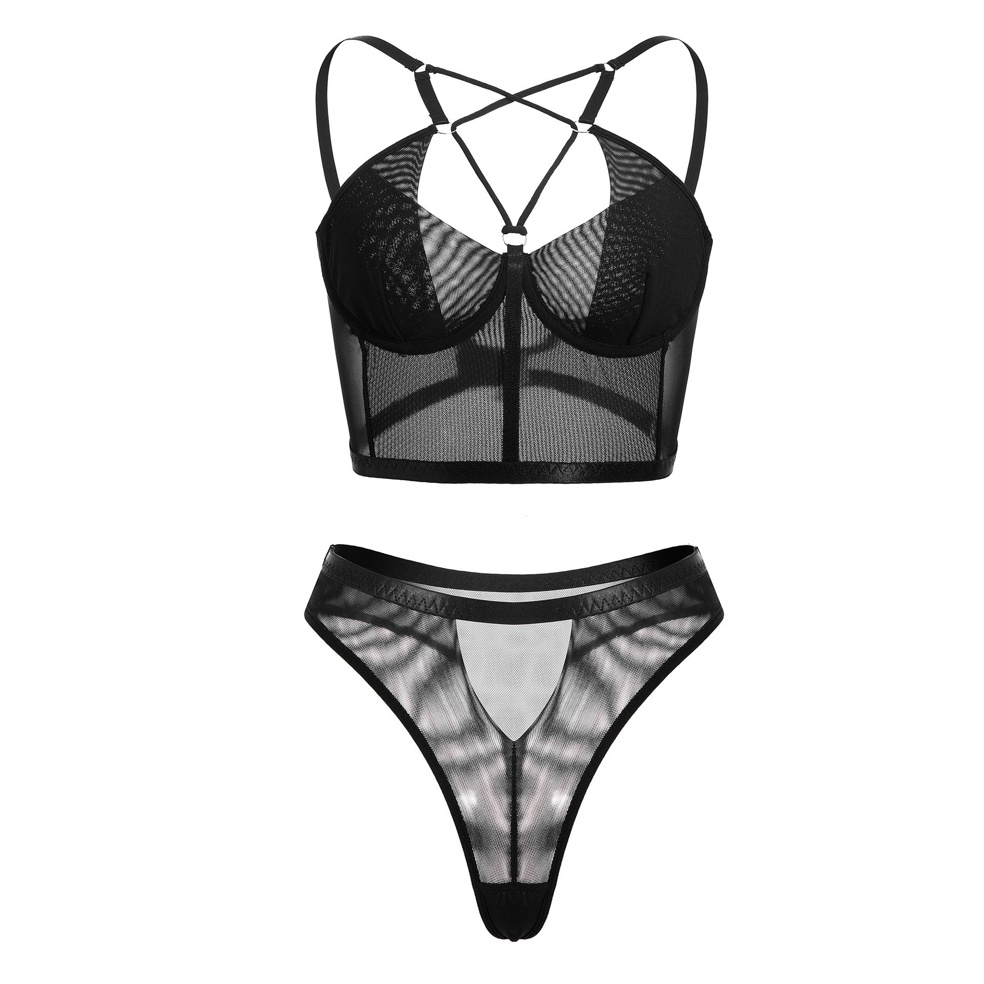 Black mesh see through bra lingerie women's sexy set